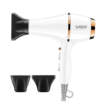 سشوار حرفه‌ای 2200 وات وی جی ار مدل V-414، موتور AC، وزن 802 گرم، المنت سرامیک تورمالین، دارای سری متمرکز‌کننده باریک، متمرکز‌کننده پهن با ویژگی صاف‌کنندگی، حجم‌دهندگی، با قابلیت تنظیم دما، فناوری تولید یون