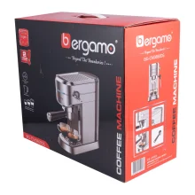 اسپرسوساز 1250 میلی‌لیتری برگامو مدل BG-CM3850DS، با مصرف پودر و پد قهوه، مناسب تهیه اسپرسو، کافه لاته، موکا و کاپوچینو، دارای 2 عدد نازل قهوه، سیستم گرم کردن فنجان، سینی چکه گیر