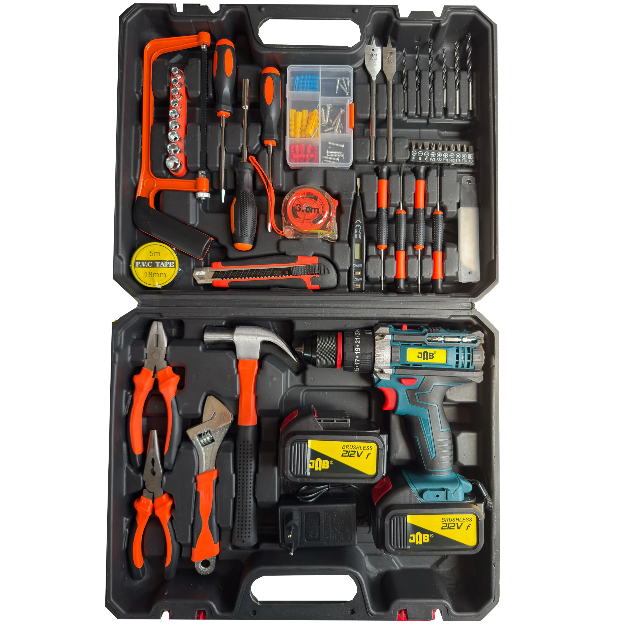 ریل پیچ گوشتی چکشی شارژی 10 میلی متری 212 ولت جاب مدل JB-212 ACCESSORIES مجموعه 199 عددی