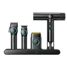 ست ماشین اصلاح مو، صورت و سشوار وی جی ار مدل Stepless Pro مجموعه 4 عددی با قابلیت تنظیم سرعت بی‌پله، نمایشگر دیجیتال، تیغه‌های ضد التهاب و شارژ سریع، بدنه فلزی مقاوم و طراحی ارگونومیک همراه شانه و استند شارژ