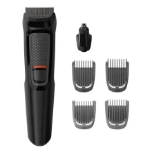 ماشین اصلاح موی سر و صورت فیلیپس مدل MG3710/15 با تیغه استیل ضد زنگ خودتیزشونده، باتری قابل شارژ با 60 دقیقه استفاده بی‌سیم، طراحی ارگونومیک و قابلیت اصلاح خط زن و حجم زن همراه با تریمر گوش و بینی